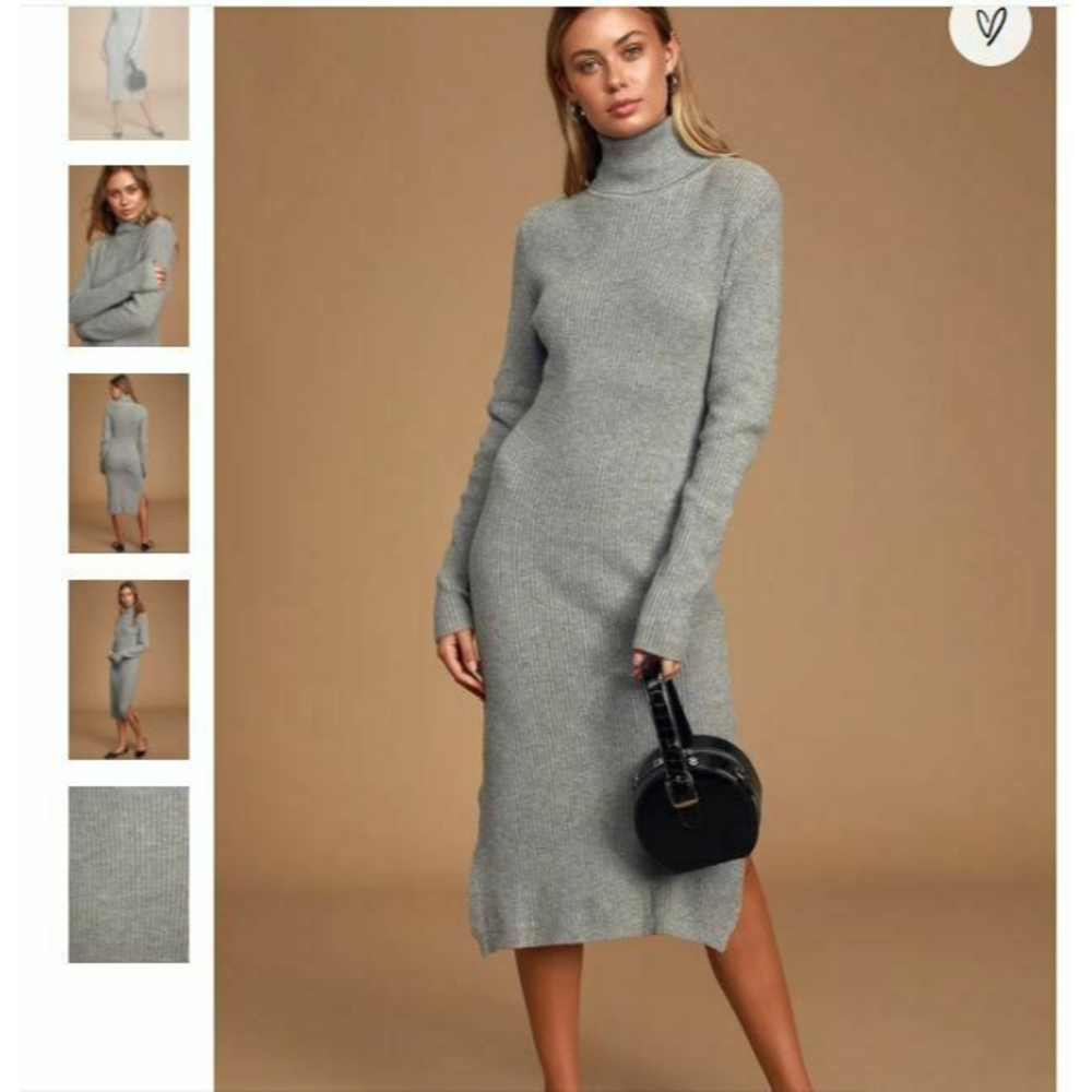 Lulus Sheerah Heather Grey Turtleneck Long Sleeve Ribbed Midi Sweater Dress